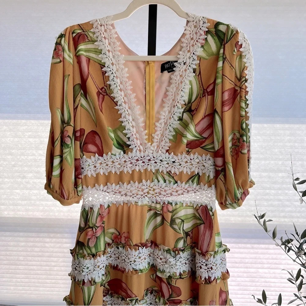 PatBO Brazil Tangerine Floral Crochet Mini Dress 6 Tropical Resort Summer Boho - Picture 2 of 10